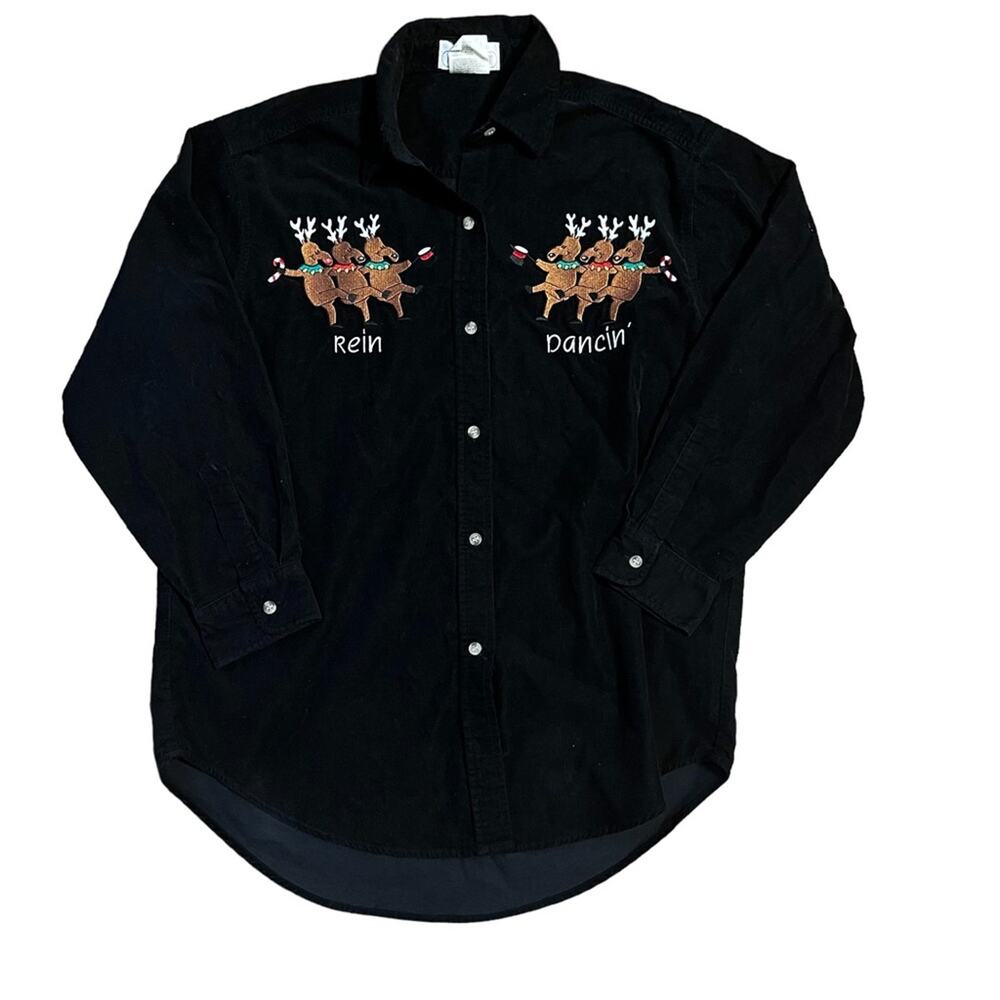 90s Vtg Black Corduroy Christmas Embroidered Reindeer Rein Dancing Blouse S/M